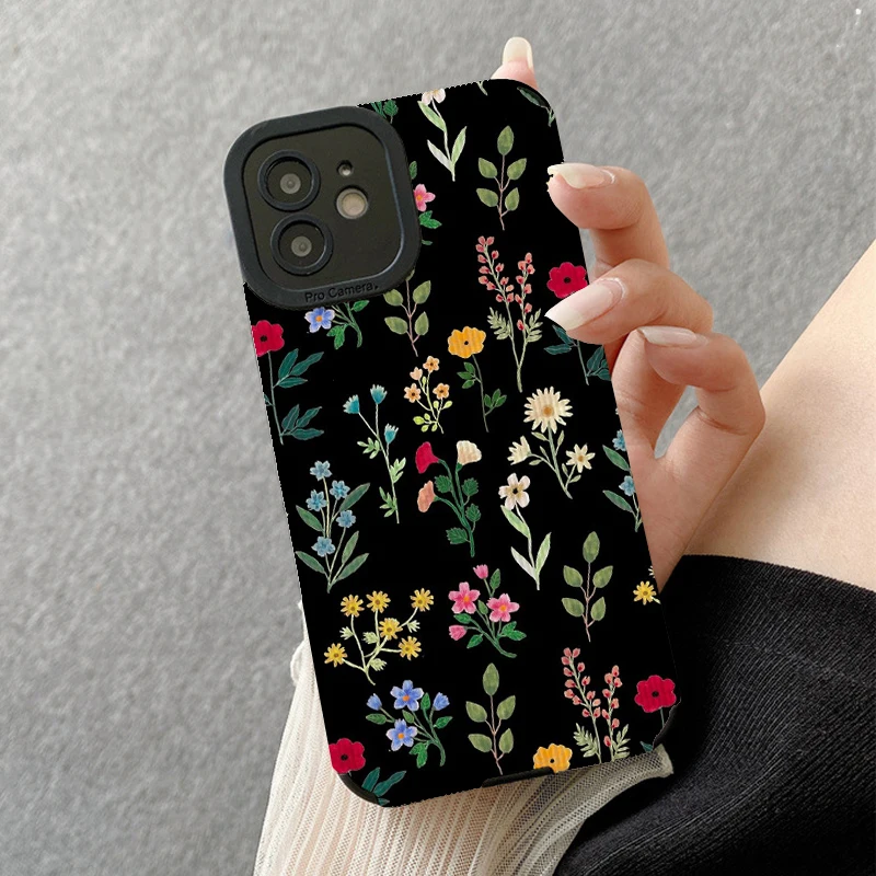 Spring Botanicals Black Phone Cases for IPhone 11 Case 14 Pro Max 15 Pro Max IPhone Case for IPhone 13