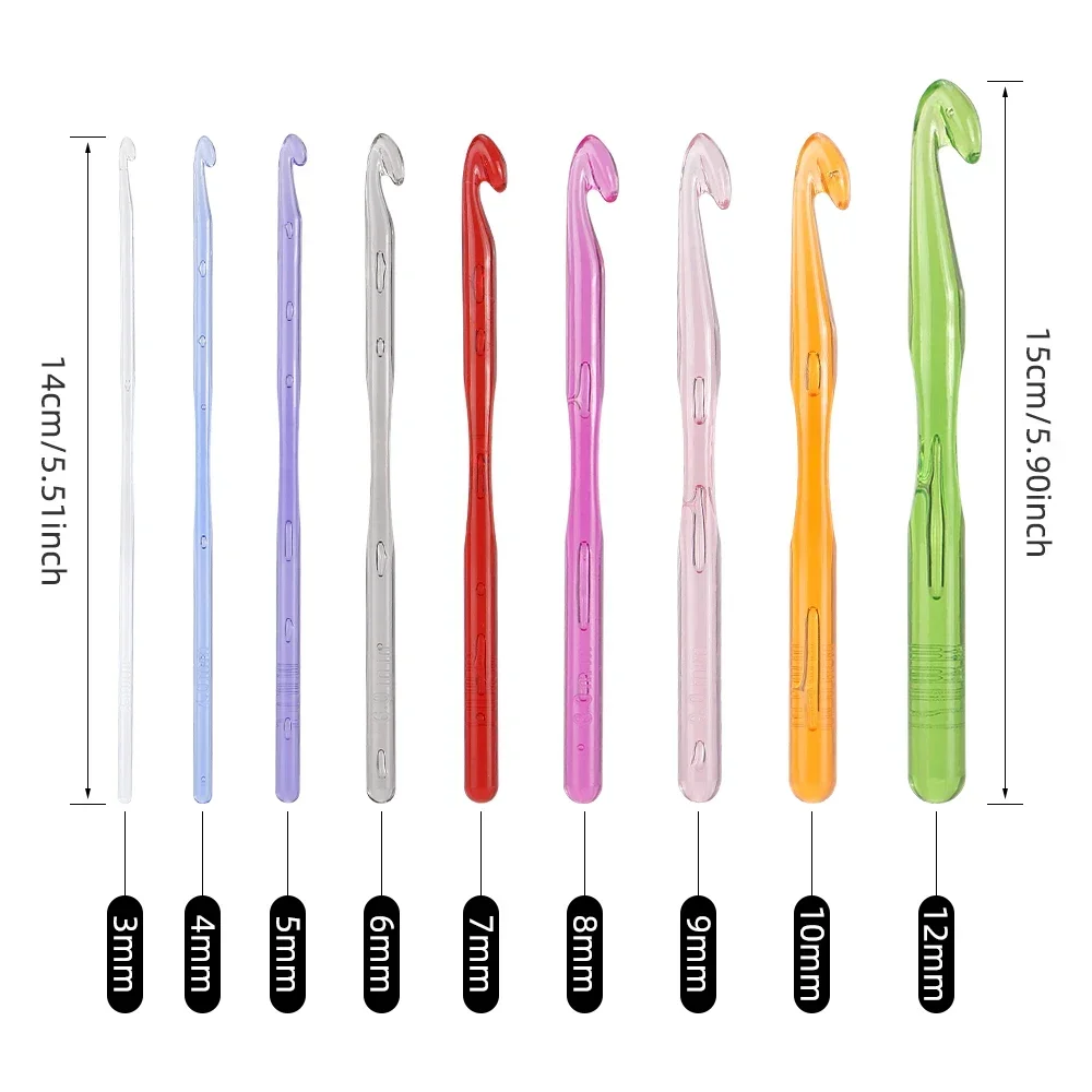 9Pcs/bag Multi-Coloured Crystal Clear Plastic Crochet Hooks, Ergonomic Resin Crochet Hook - Crochet Enthusiast 3mm - 12mm