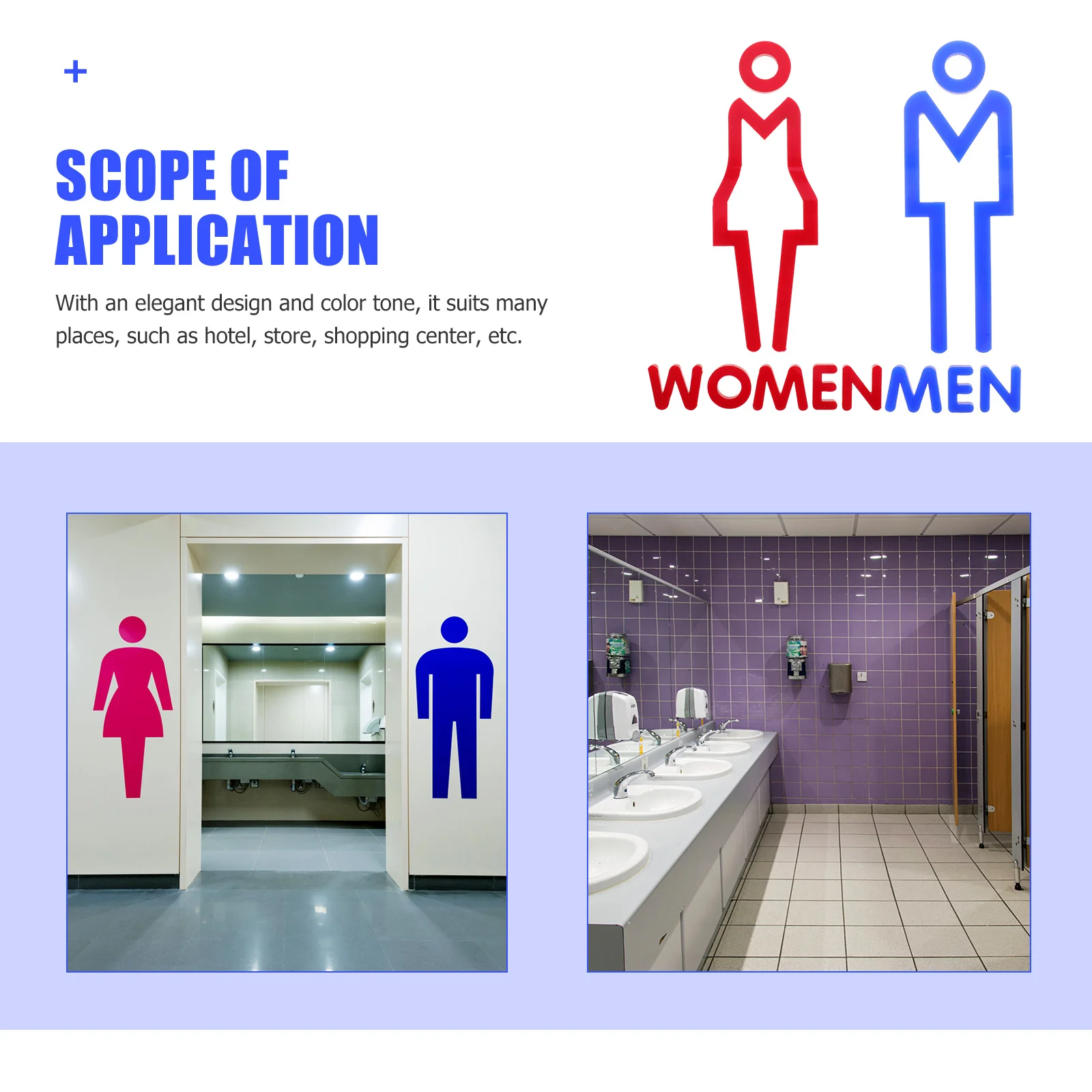 2Pcs Bathroom Sign Acrylic Toilet Sign Board Self-Adhesive Restroom Identification Markers for Store Shopping Center Use