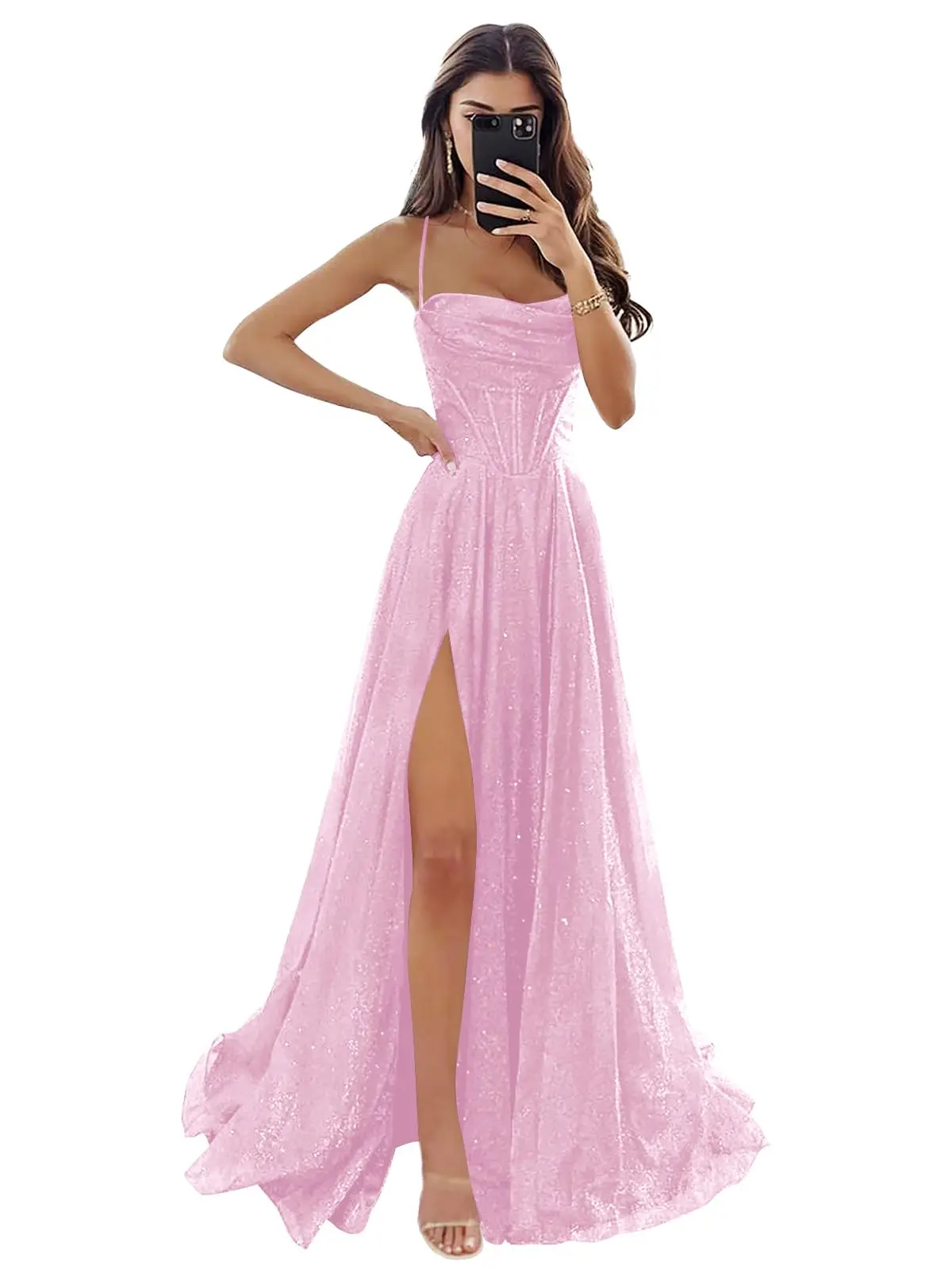 فستان KIVARY نسائي بحمالات رفيعة من التول اللامع للحفلات الراقصة مع فتحة رقبة واسعة فستان رسمي طويل للحفلات