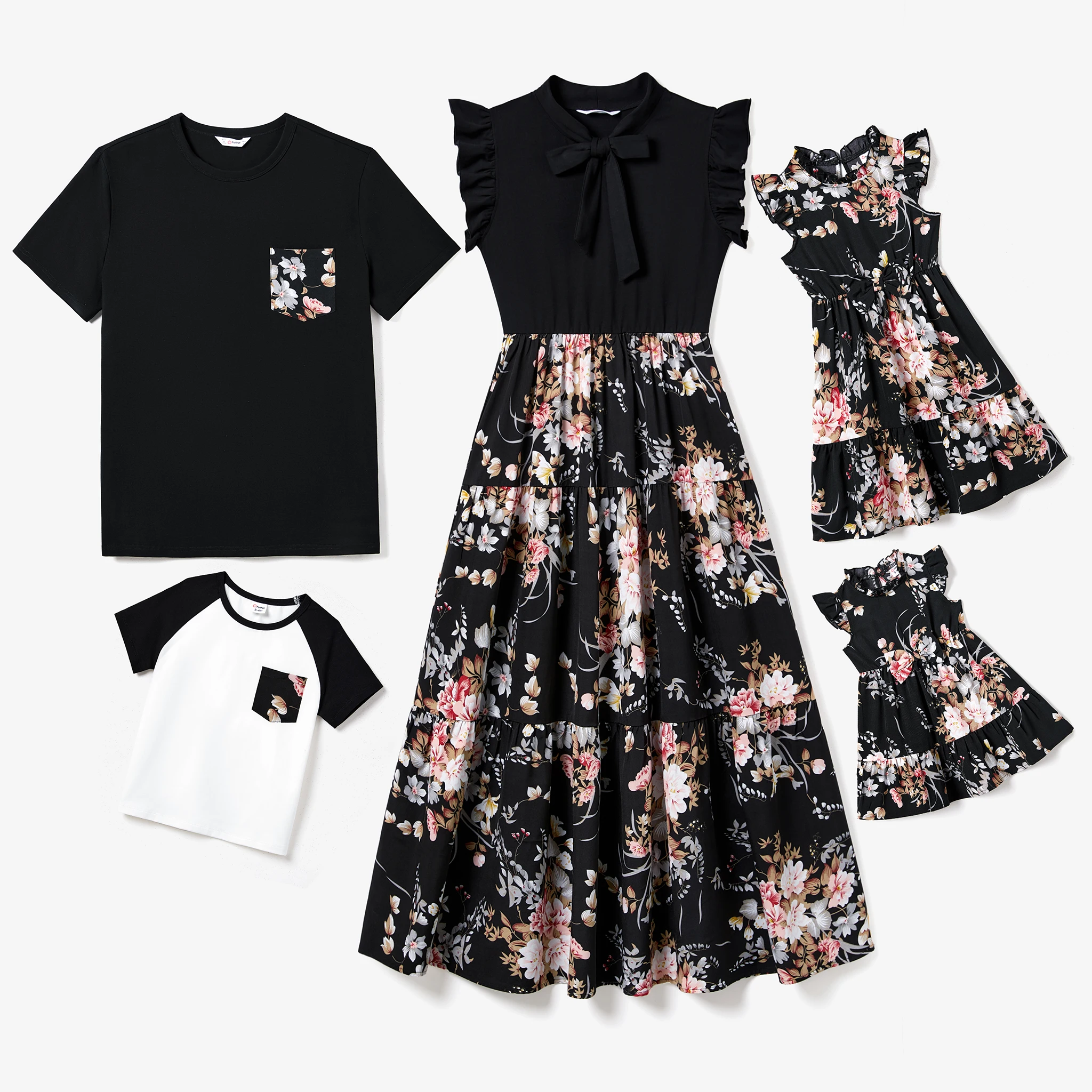 

PatPat Family Matching Solid Color Black Raglan Sleeve T-shirts and Floral Print Flutter-sleeve Bowknot Tie Neck Dresses Sets