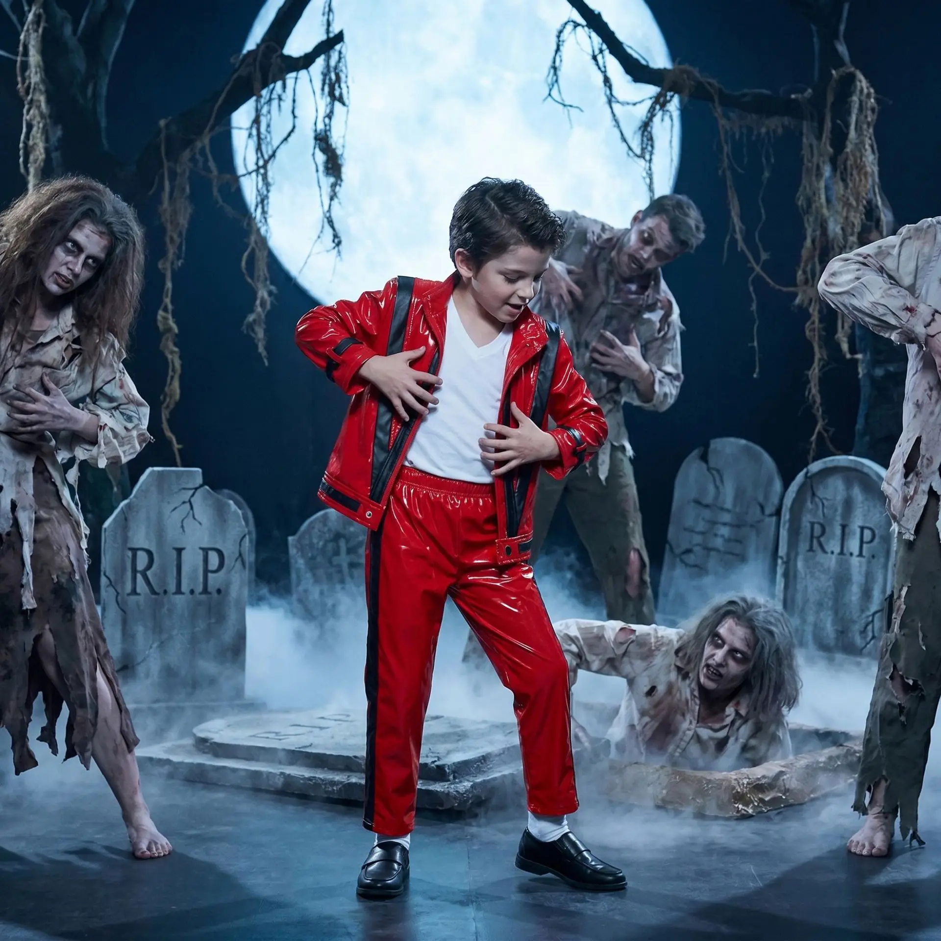 MJ Michael Jackson Thriller Kids Costume Red Black Leather Jacket Pants Boys Halloween Stage Cosplay Outfit view 2