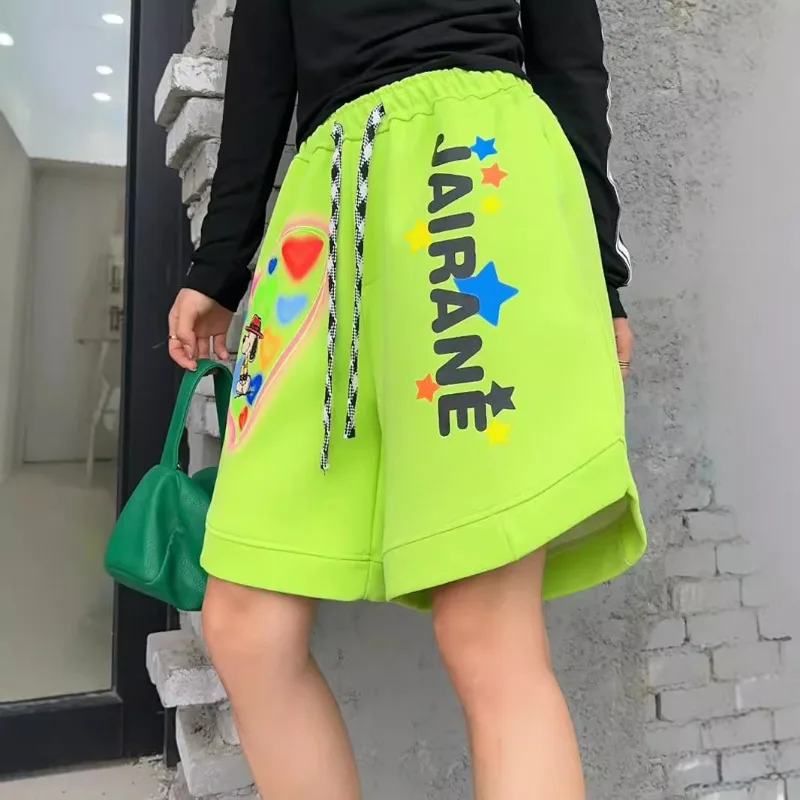 2024 Autumn Cartoon Printed Elastic Waist Drawstring Loose Wide Leg Casual Shorts Kawaii Five-Point Short Pants Streetwear Women