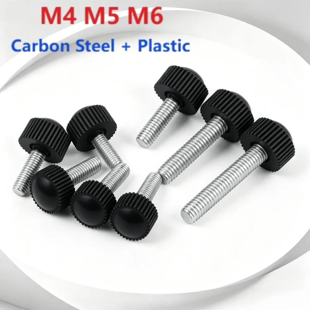 10pcs M4 M5 M6 Black Bakelite Thumb Screws, Carbon Steel Knurled Shaft Round Plastic Head Handle Hand Bolts for Quick Adjustment