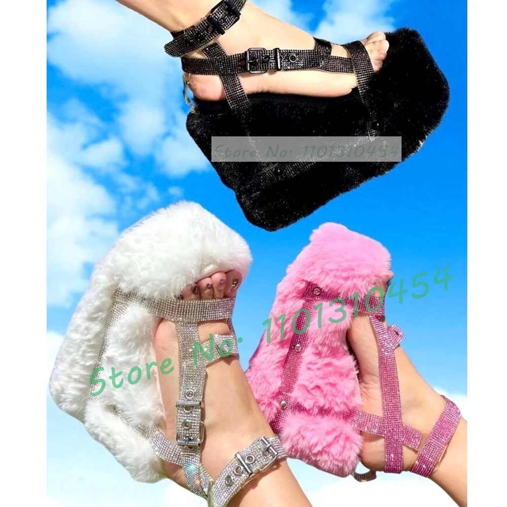 

Crystal Buckle Strap Fur Wedge Sandals Women Lovely Furry Lolita High Platform Shoes Sweet Girl's Summer Gravity Bling Sandals