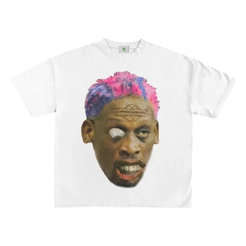 

American Retro Fun Funny Portrait Printed T-shirt Men Y2k Goth Harajuku Fashion Couple Round Neck Casual Loose Shirt