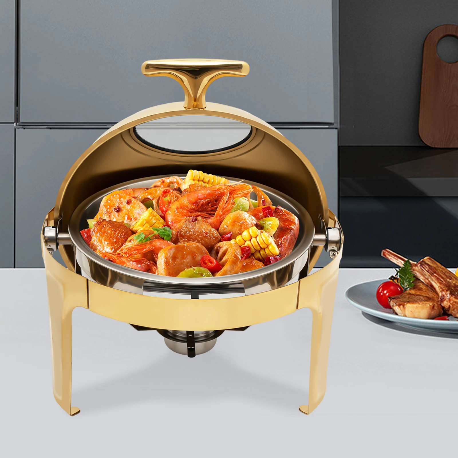 

Buffet Warmer, Round Chafing Dish with Viewing Glass Lid, Single Compartment Food Warmer, for Catering Restaurant