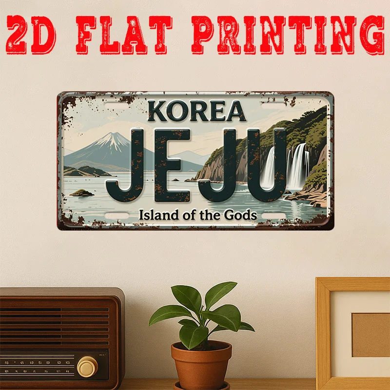 Panneau métallique plat 2D vintage représentant le patrimoine coréen de l'île de Jeju, idéal pour la décoration murale de maisons coréennes, cafés, plages