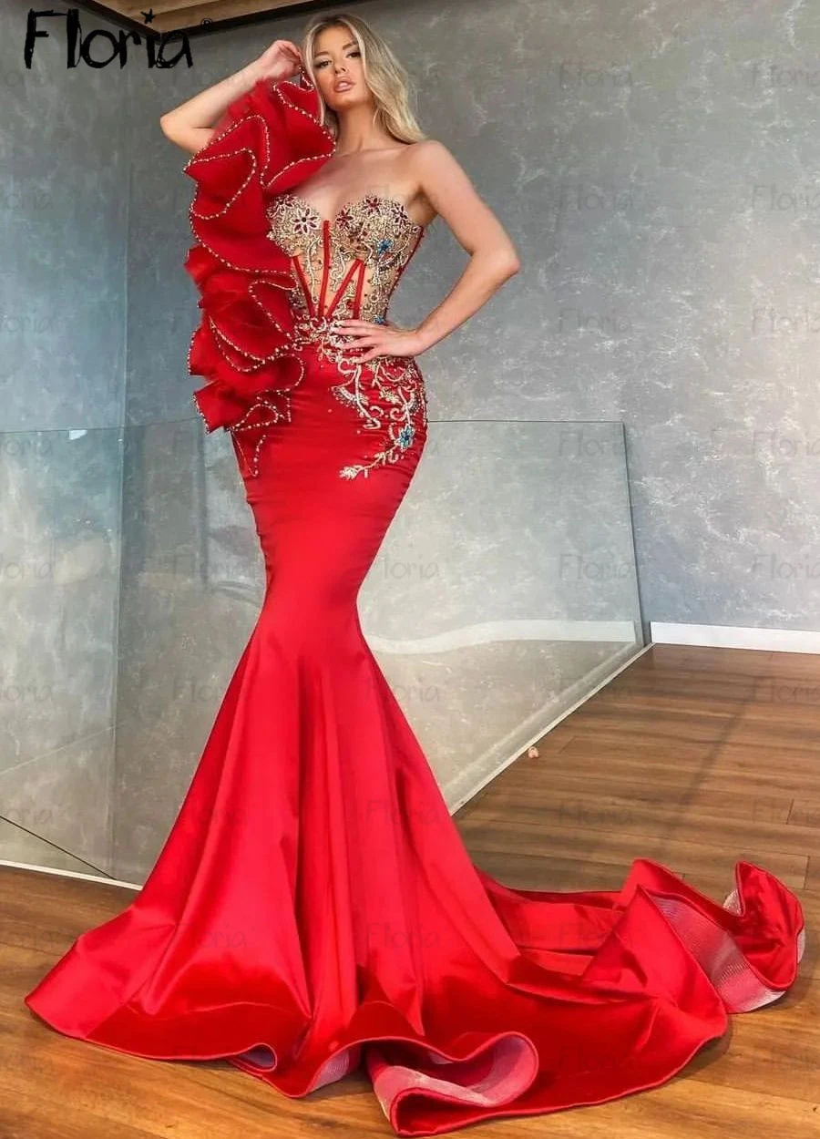 Precioso vestido De noche rojo De sirena con hombros apilados, tren largo hecho a mano, vestido De fiesta De boda con cuentas, hecho a medida