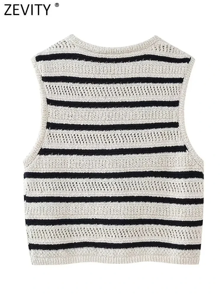 Zevity New 2024 Women Fashion V Neck Sleeveless Hollow Out Striped Knitted Vest Sweater Female Chic Buttons Cardigan Tops SW6171