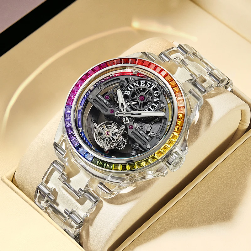 Reloj mecánico automático de lujo BONEST GATTI con esqueleto completo, parte trasera de zafiro, 48 diamantes arcoíris, reloj de pulsera luminoso de lujo para hombre