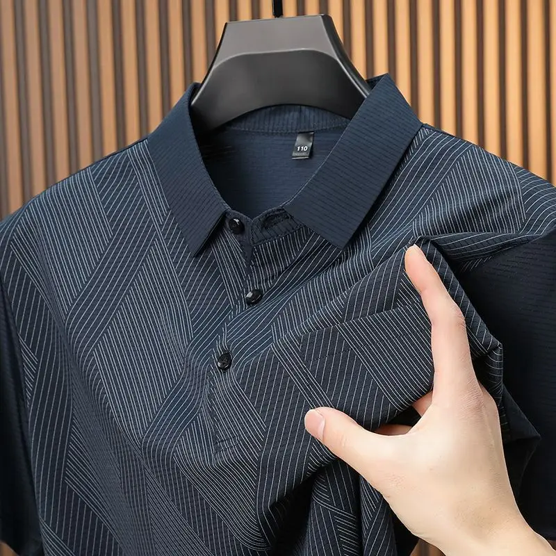 

Летняя футболка из ледяного шелка с лацканами и короткими рукавами на День отца, мужская высококачественная футболка-поло среднего возраста без утюга с половиной рукавов