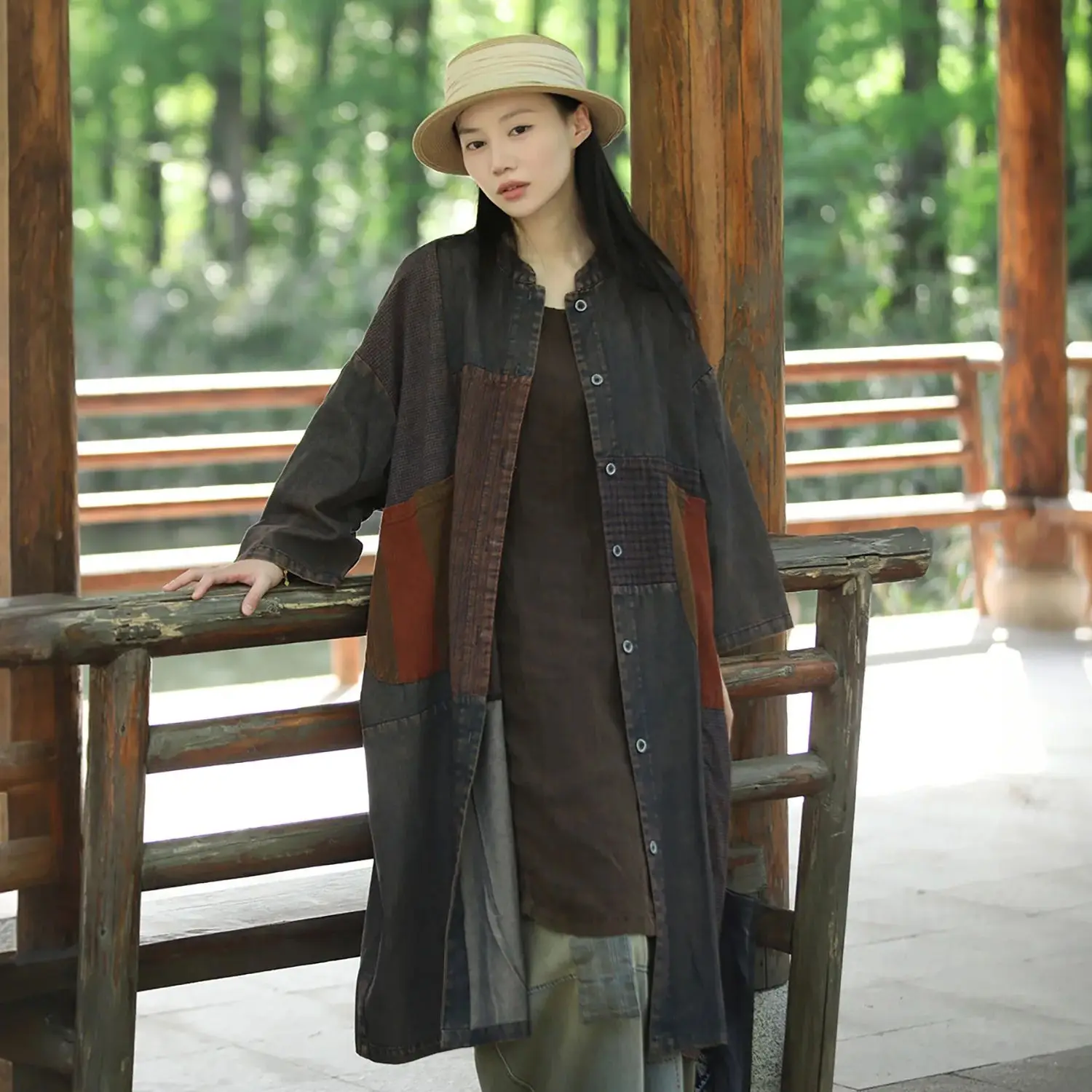 

LZJN Women's Vintage Fall Oversized Cotton Jacket – Relaxed, Washed-Out Trench with Patchwork Pockets, Bohemian Long Cardigan
