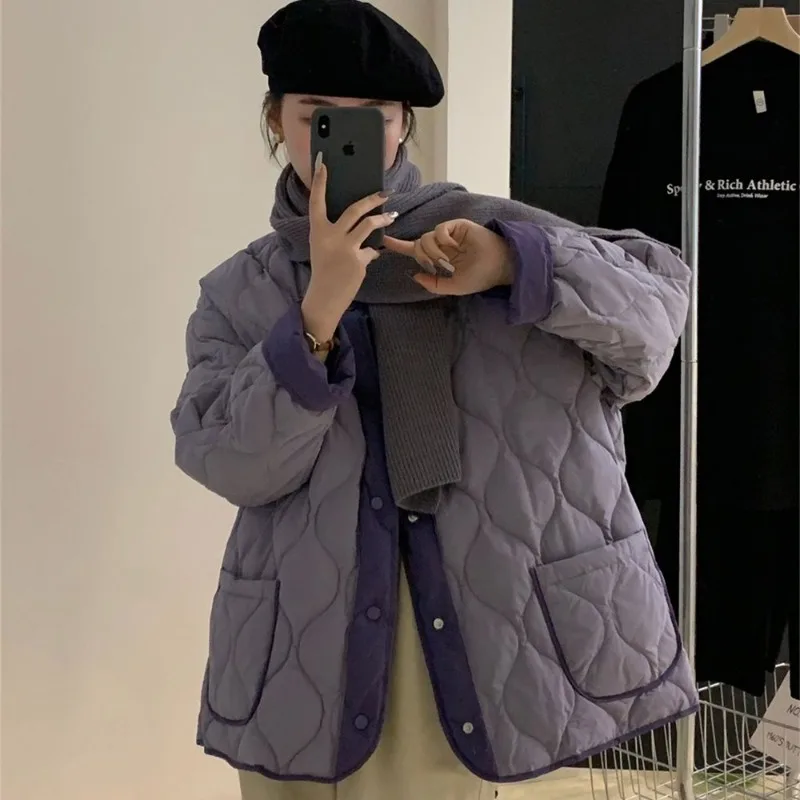 Winter 2024 New Xiaoxiangfeng Splicing Milk Huhu Lavender Jacket Women's Light and Fashion French Loose Padded Jacket