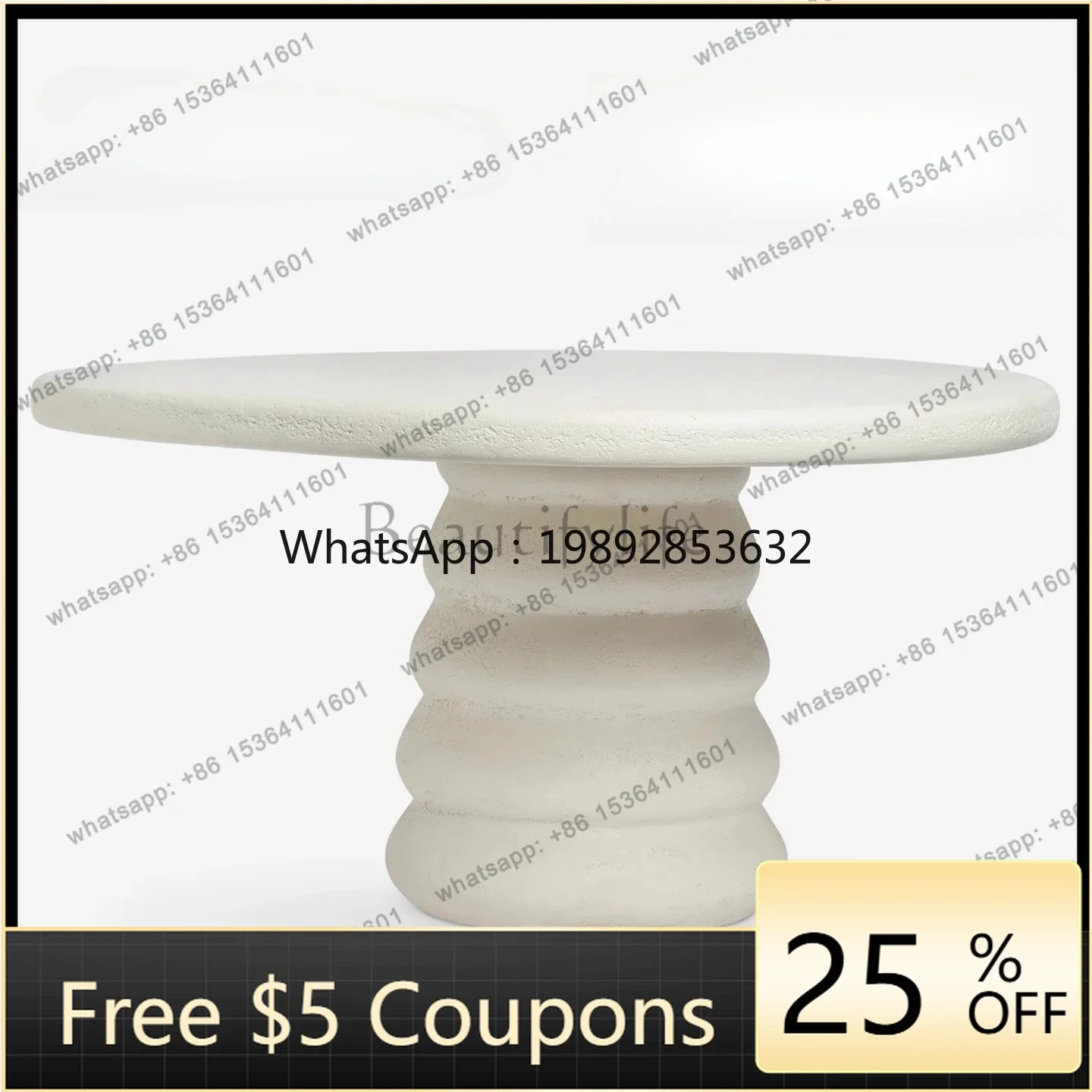 r5.13  Dining table French cream wabi  white cave stone cement special-shaped round table living room home simple designer