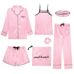 Spring Summer 7 Pcs Silk Pijamas Set Sexy Women Pajamas Print Shorts Long Sleeve Top Elastic Waist Pants Full Lounge Sleepwear