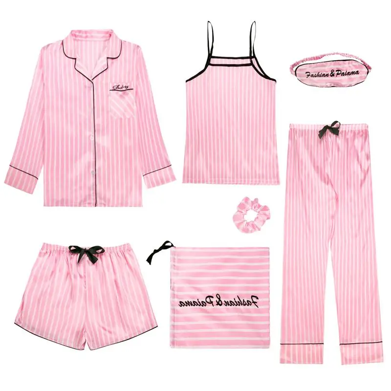 Spring Summer 7 Pcs Silk Pijamas Set Sexy Women Pajamas Print Shorts Long Sleeve Top Elastic Waist Pants Full Lounge Sleepwear