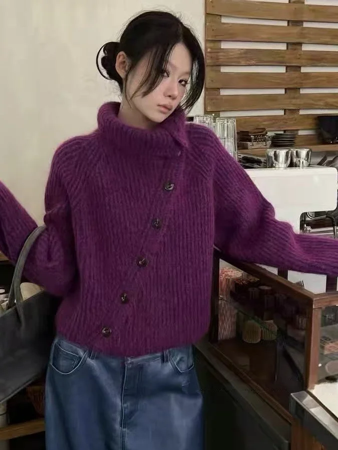 

Korean Sle High Collar Long Sve Knitted Sweater Women's Single Button Autumn Winter New Faion Loose Top Lazy Girl