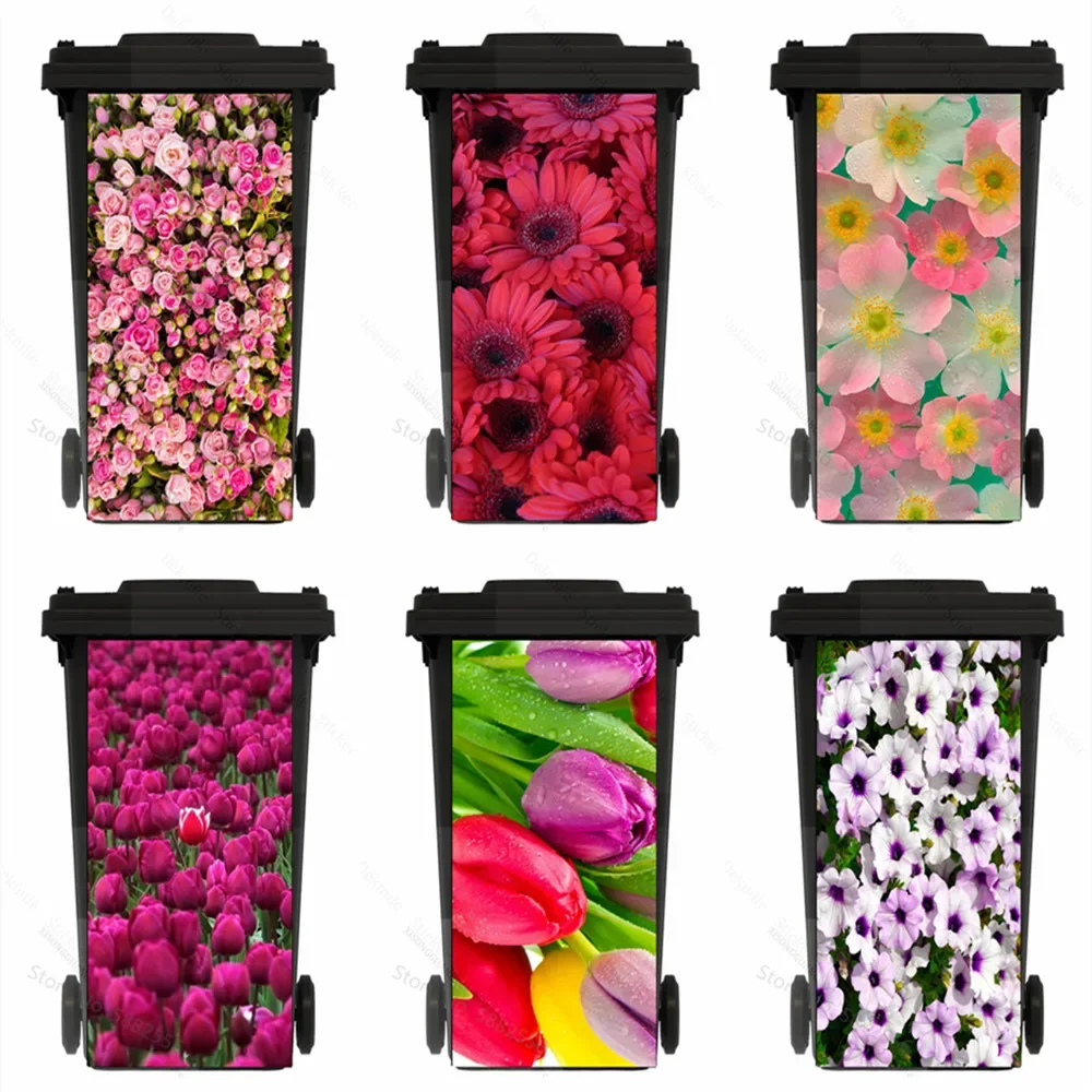 Plant Flowers Adhesive Removable Waterproof Sticker Decals Renew Rubbish Bin Trash Can Cover Sticker Ktichen Art 120L 240Liter