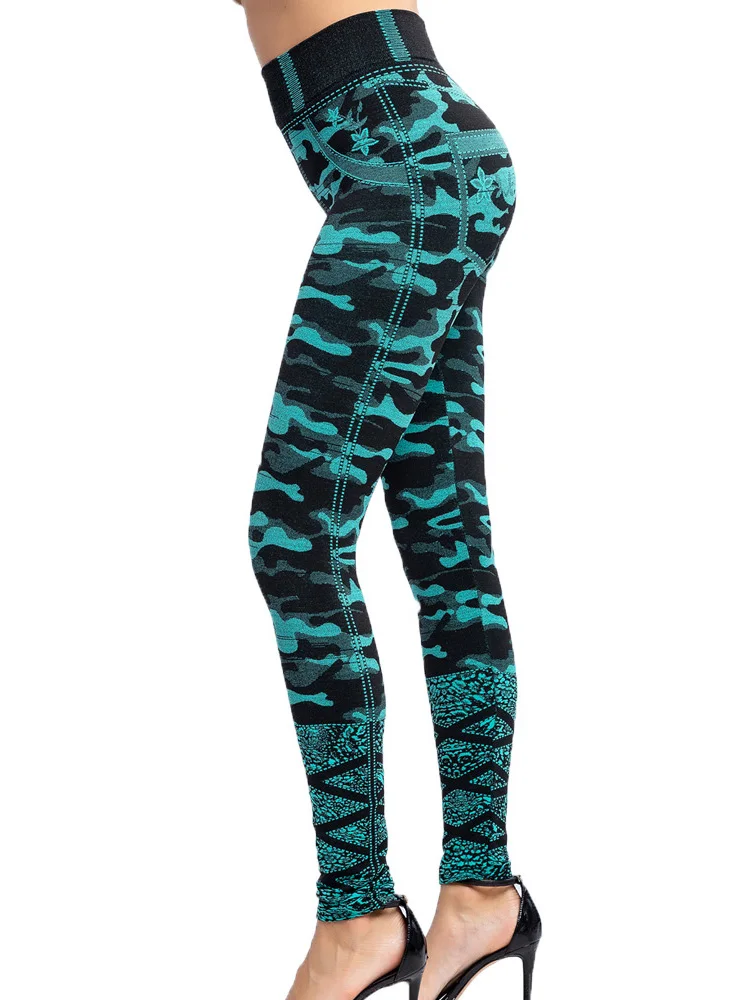 CUHAKCI Camouflage Printed Leggings Women Seamless Denim Sports High Waist Tights Workout Fitness Elastic Pants Stretch Jeggings