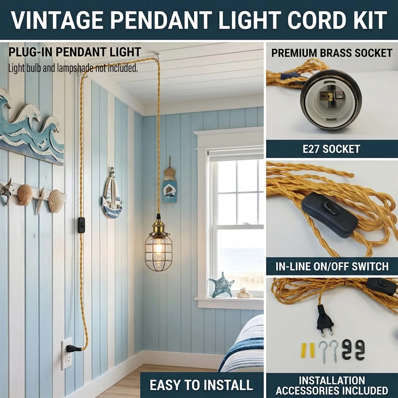 Lamp Cord Set, Gold Twisted Cable, Antique Brass Socket, Inline On Off Switch, 2-pin Plug, Coastal, Retro, Cafe