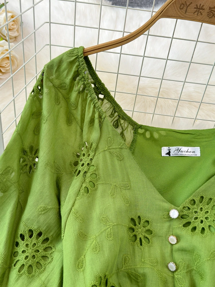 Summer Dress Women clothing Short puff Sleeved V-neck A-line Hollow Embroidered Dress Elegant Long dress
