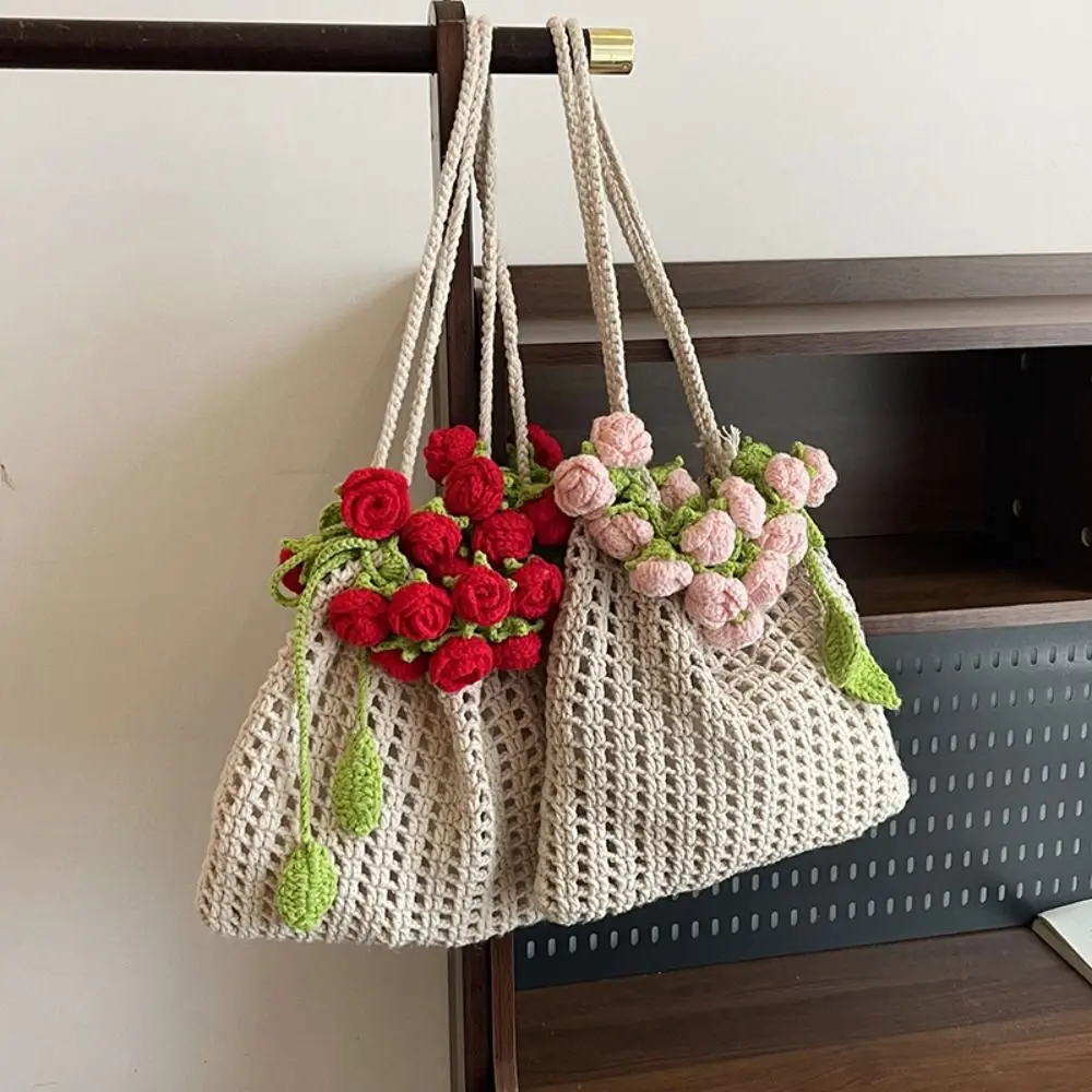 

Богемный букет роз, плетенная сумка, вязаная крючком хлопковая веревка, вязаная сумка на плечо с цветком, романтическая пляжная сумка-ведро в деревенском стиле с розами