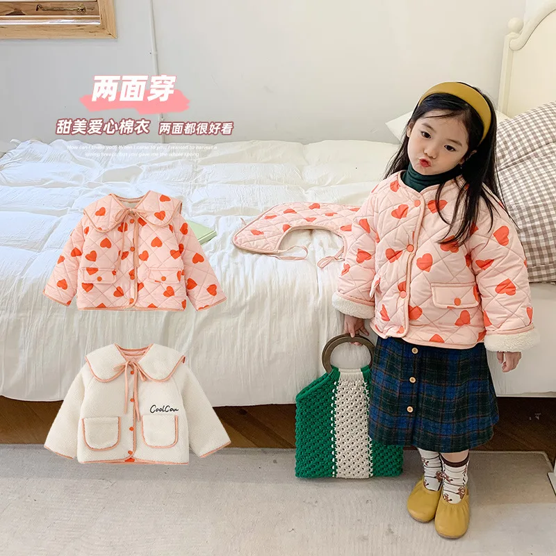 

Korean Children's Clothing Autumn Winter Girls' Cotton Jacket New Fashion Heart Plush Children's Cotton Coat Reversible Lamb Wo
