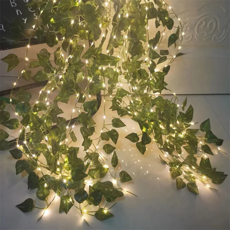 LED String Light 10m/5m/2m Green Leaf Garland Fake Plant Greenery Leaves Ivy Hanging Vines for Wedding Home Wall Decoration Xmas