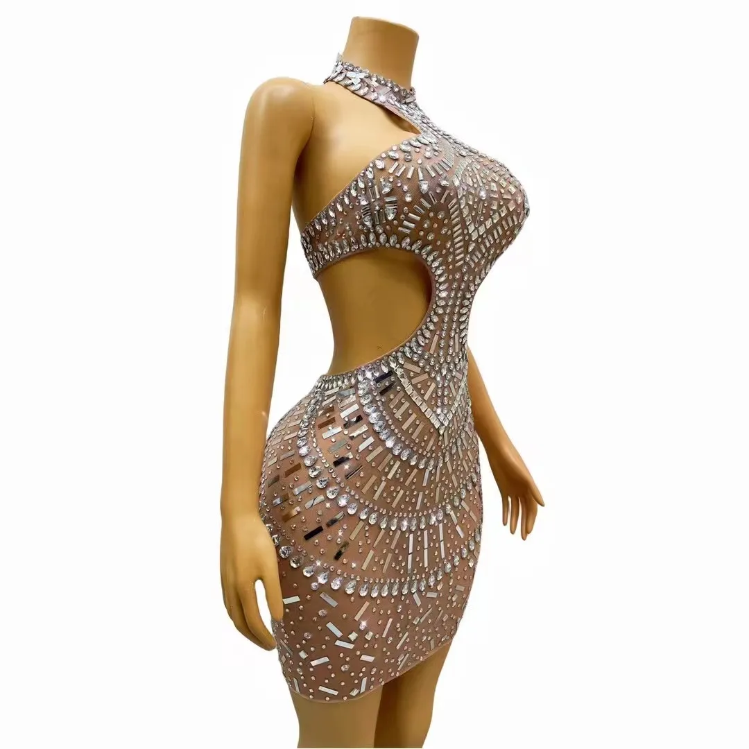 Sexy Bühne Silber Strass Pailletten Rückenfreies Hohl Kleid Geburtstag Feiern Outfit Abend Bühne Leistung Tänzerin Kostüm