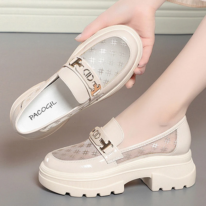 2024 New Shoes For Women Ladies Thick Sole Slip On Flats Creepers Leather Platform Shoes Casual Buckle Loafers Shoe British