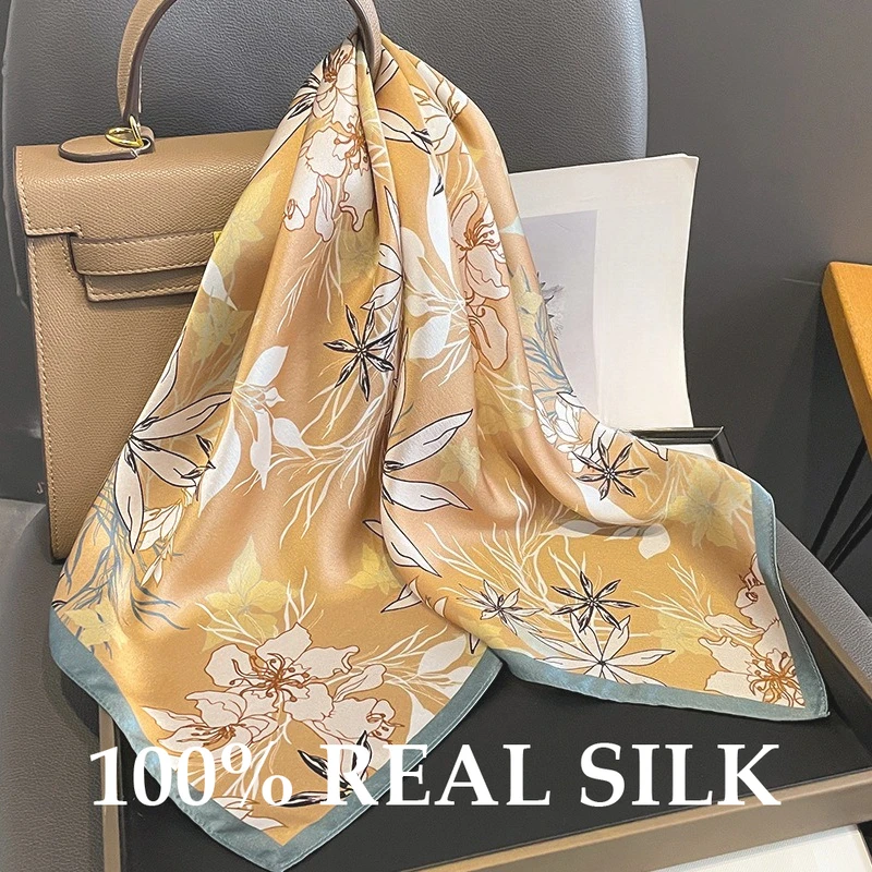 

New 100% Natural Real Silk Square Scarf Women Neck Hairband Foulard High-end Bandana Scarves Female Summer Neck Hand Shawl Wrap