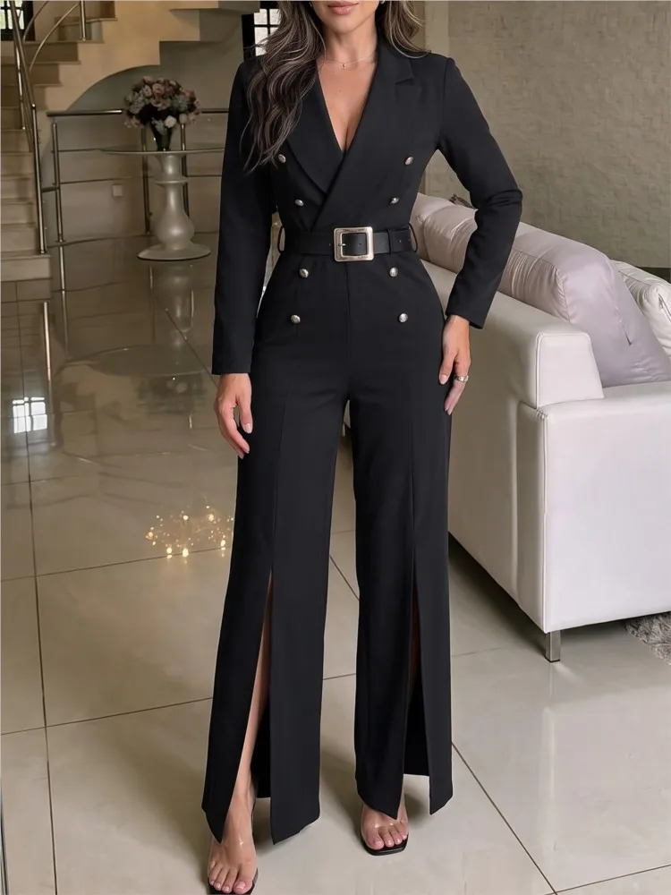 Elegant High Waist Belted Slit Jumpsuit 2026 New Autumn And Winter Women's Fashion Casual Solid Color Jumpsuit Female