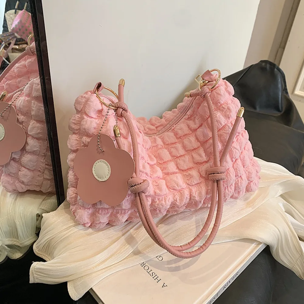 トレンディなプリーツバブルショルダーバッグ、毎日の通勤ハンドバッグ、腕の下バッグ、キルティングソリッドトートバッグ、メッセンジャーバッグ