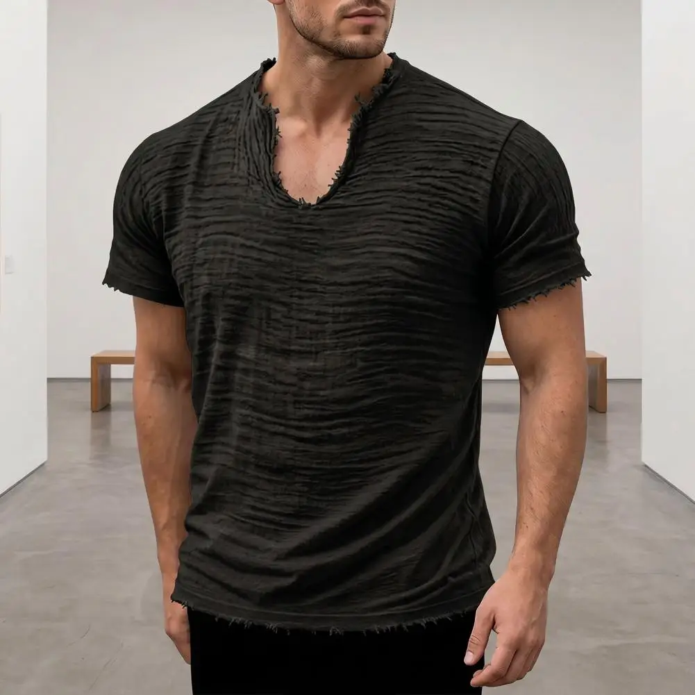 Polyester Men Top Retro V-Neck Short Breathable Sleeve T-shirt Stylish Frayed Summer Tee for Party Beach Holiday Gym