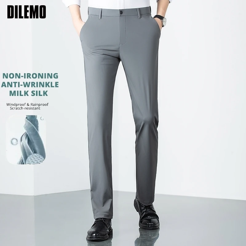 Premium Melk Ijs Zijde Strijkvrij Nieuw Merk Mode Jurk Broek Mannen Ademend Kantoor Business Casual Pendelen Lange Pak Broek