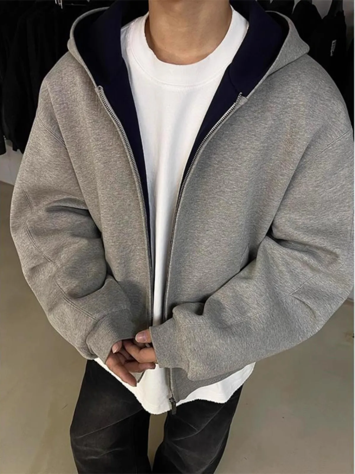 

Свободная мужская толстовка с капюшоном, кардиган с двойной молнией или Jaet, осень-зима, смесь хлопка и полиэстера, против морщин, молодежная мода