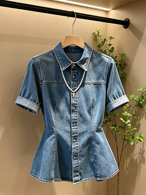 

Elegant Korean Style Short Sleeve Shirt Women's Fashionable Turn-down Collar Top Breathable Comfortable Summer New Arrival