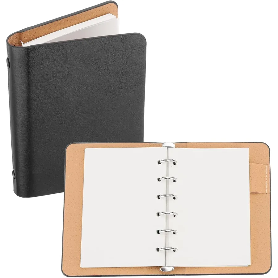غطاء دفتر ملاحظات جلدي مكون من 6 حلقات مقاس A7، مخطط صغير قابل لإعادة الملء من أوراق الشجر السائبة مع 50 ورقة باللون الأسود