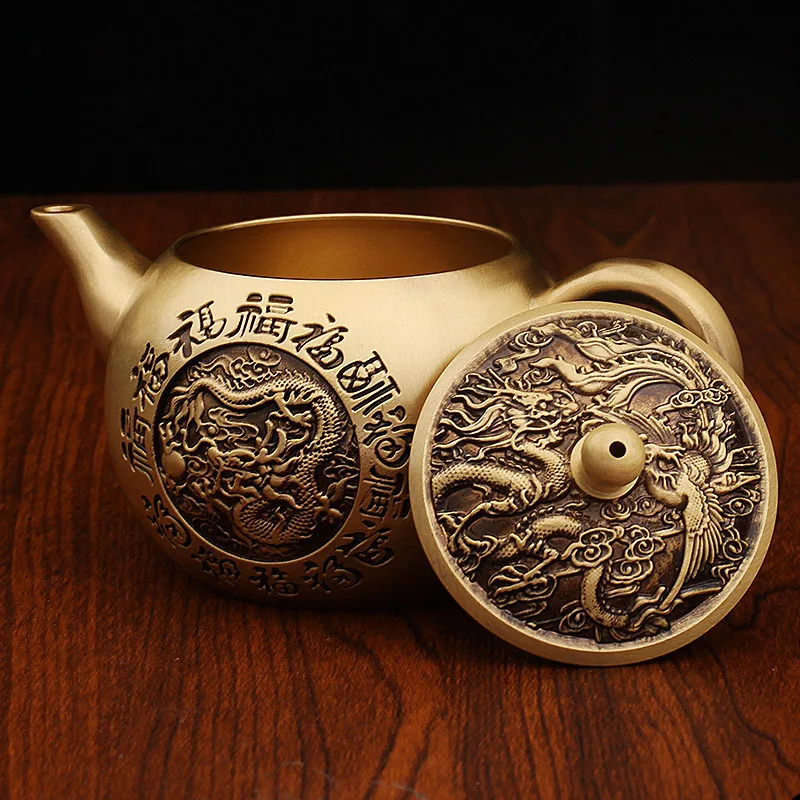 Baifu Dragon and Phoenix Teapot Brass Kung Fu Teapot Household Kettle Copper Metal Crafts Ornaments