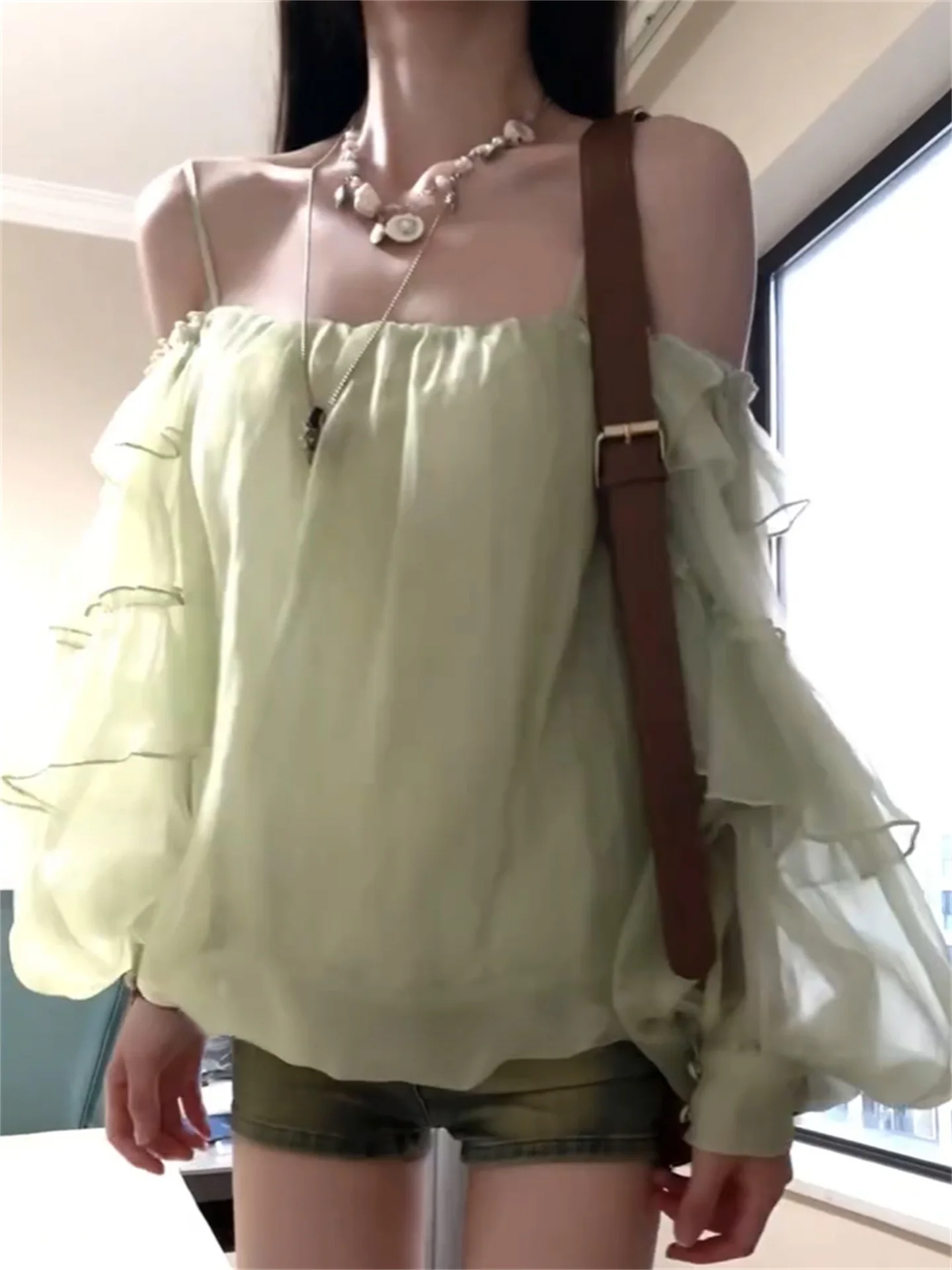

Green Long Sleeve Blouse Women Summer Shoulder Bared Design Pure Desire Slimming Flower Bud Puffy Top Casual Loose Fit