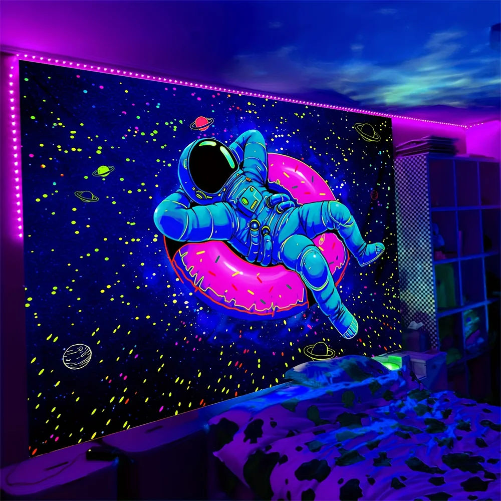 1pc  Blacklight Astronaut Donut Space Tapestry, UV Reactive Neon Galaxy Wall Hanging for Bedroom Living Room Dorm Decor