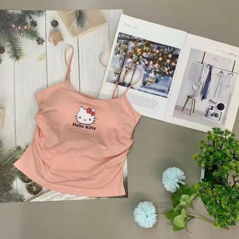 Sanrio Hello Kitty Canotta Y2K Canotte Ragazze Moda estiva Senza maniche Hot Girls Pettorina Design pieghettato Bottoming Look sottile