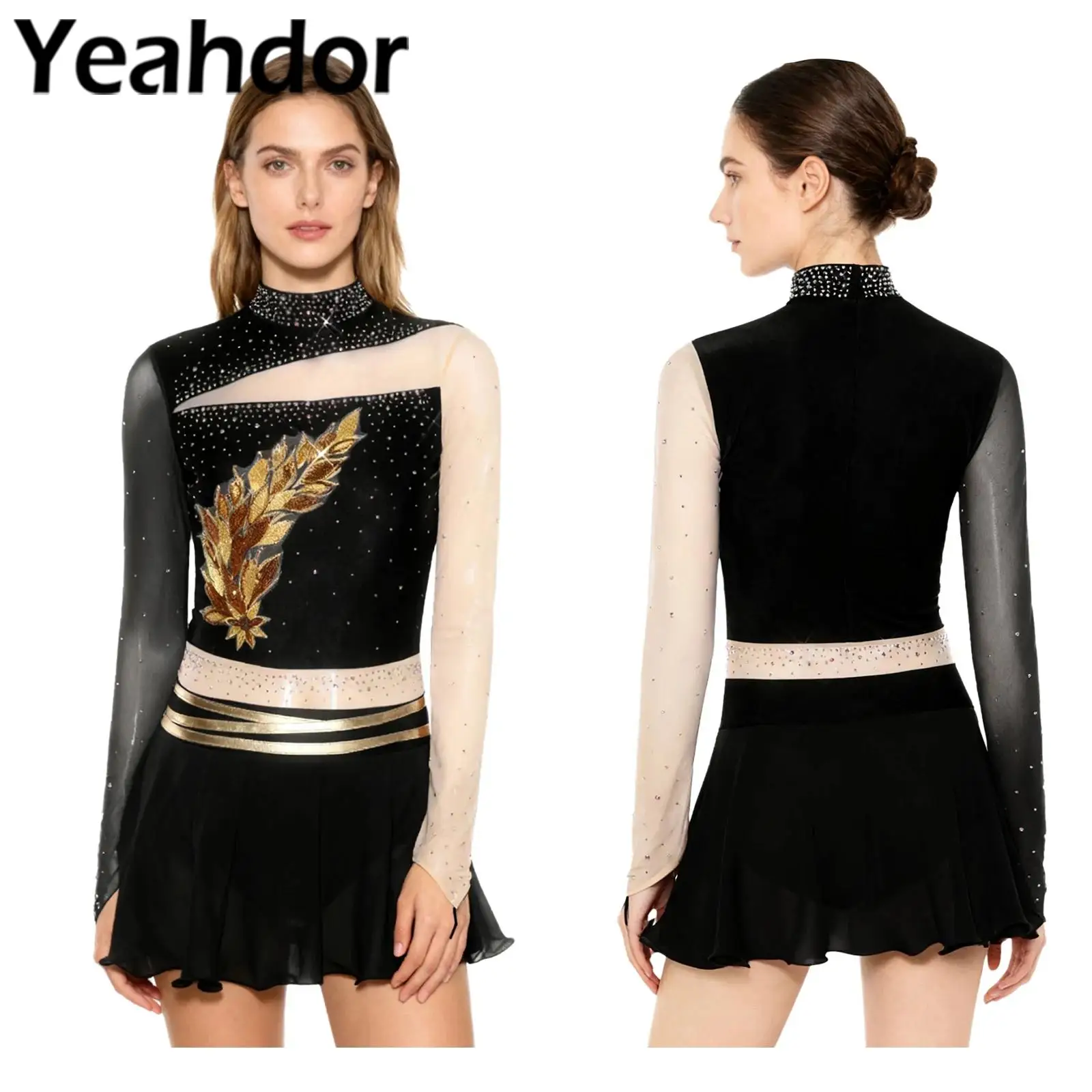 Womens Ballet Gymnastics Leotard Dress Figure Ice Skating Dancewear Long Sleeve Rhinestone Dress for Lyrical Dance Performance