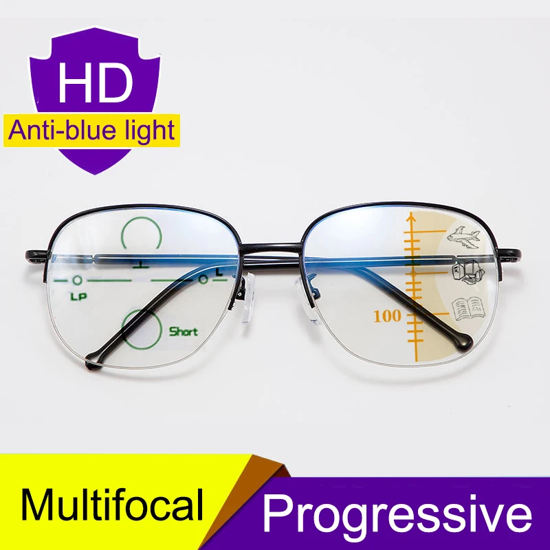 3PCS Smart Multifocal Progressive Reading Glasses Men Women Anti Blue Ray UV Protect Hyperopia Glasses Half Frame Metal Titanium