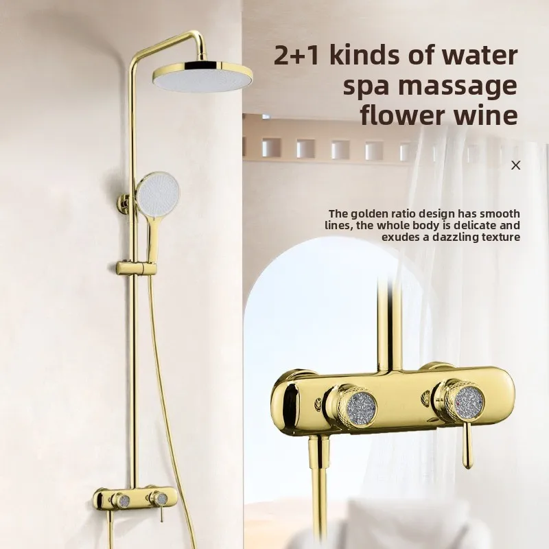 Luxury French Gold Shower Faucet Set with Diamond Handle Cold Hot Water Mixer Bathroom Shower Kit