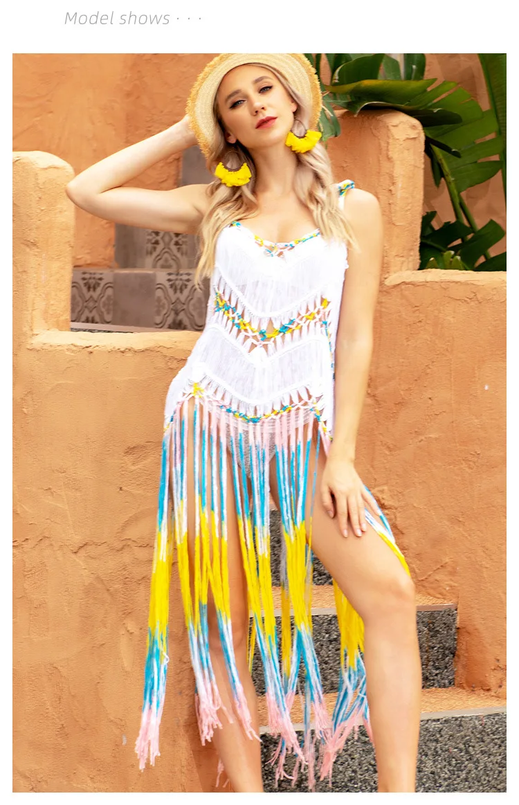 2023 New Crochet Knitted Hollow Out Beach Dress Tie Dye Long Fringe swimwear Bathing suit Cover-ups Cover up Female Beach Wear