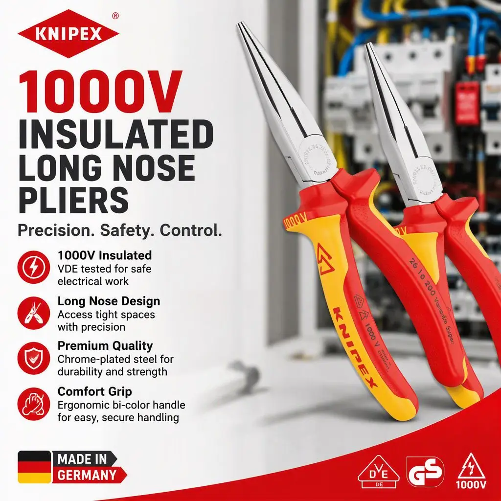 KNIPEX Snipe Nose Side Cutting Pliers, 8-Inch Stork Beak Pliers, 1000V VDE Insulated Long Nose Pliers, Professional Electrician