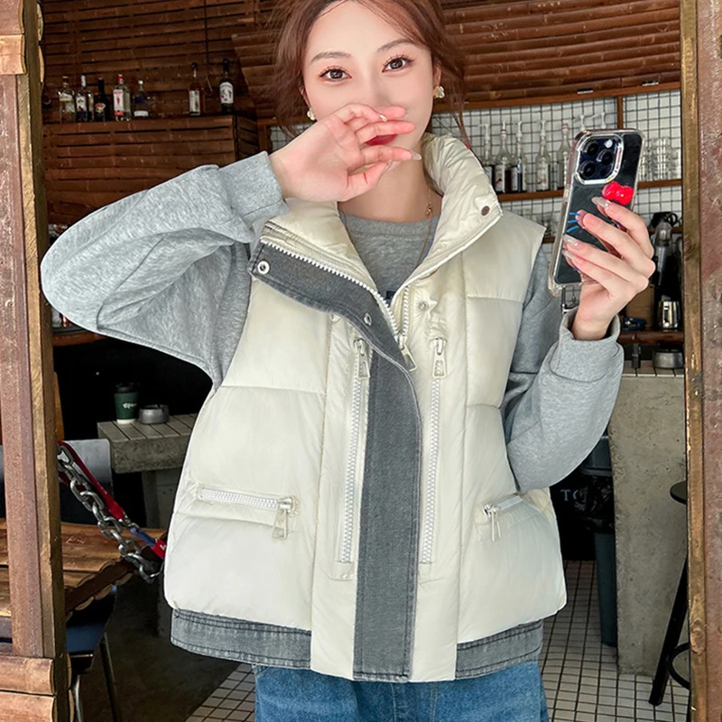 

Укороченный пуховый хлопковый жилет без рукавов, женский контрастный цвет, лоскутный парки с воротником-стойкой, жилет, шикарные пуховые хлопковые жилеты на молнии