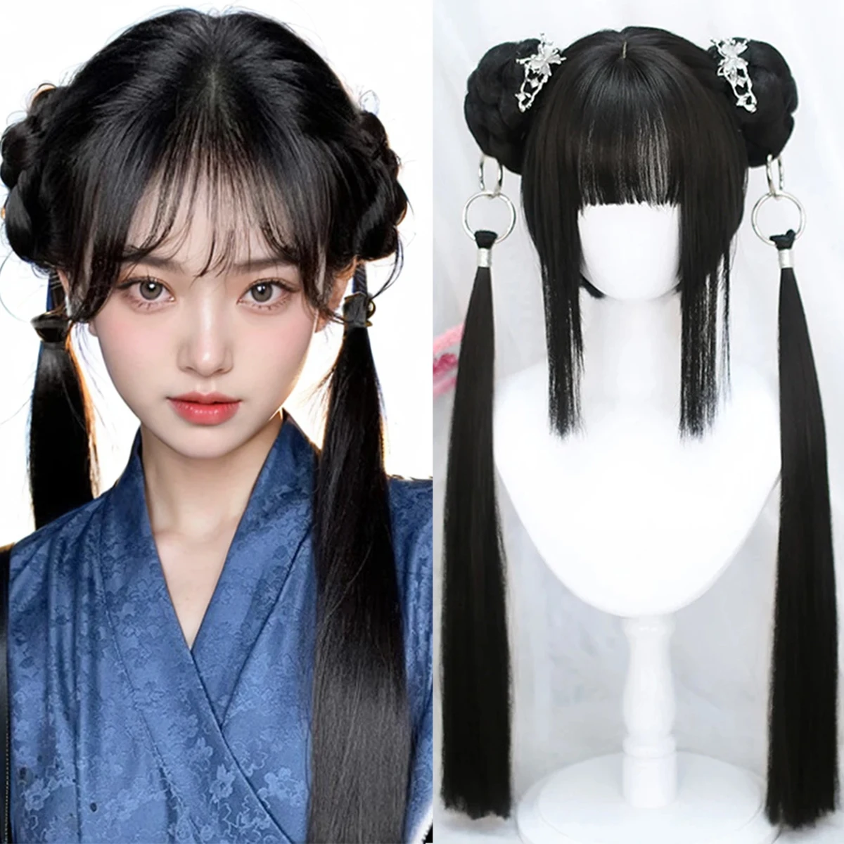 Ocelot Synthetic Lolita wig with bangs women's Cosplay simulation ring buckle wig hair braid ponytail natural long straight wig